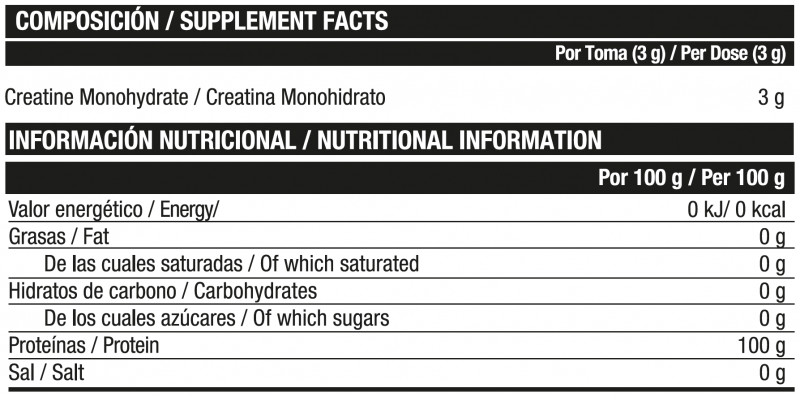 Información nutricional sobre el producto Micronized Creatine 300-500g