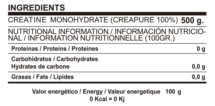 Información nutricional sobre el producto CREATINA 300g – 500g