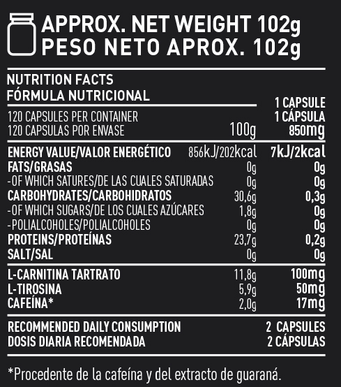 Información nutricional sobre el producto FATBURNER – 120 CÁPSULAS