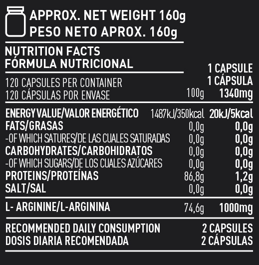 Información nutricional sobre el producto EXTRA ARGININE – 120 CÁPSULAS